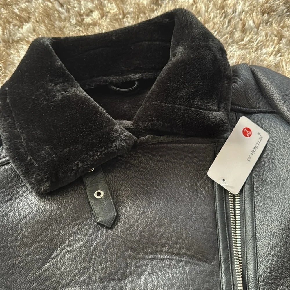 Winter Women Faux Leather Lambs Leather Jacket Moto Biker Coat Fur Collar Zipper - Picture 4 of 4
